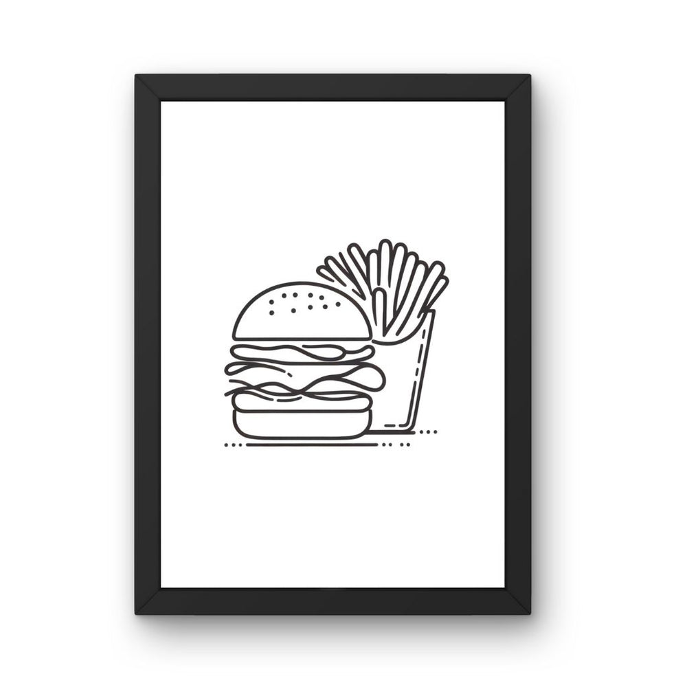 Framed Art Wall Art depicting Burger & Fries Minimalist 30x20 cm which is hanging on the wall