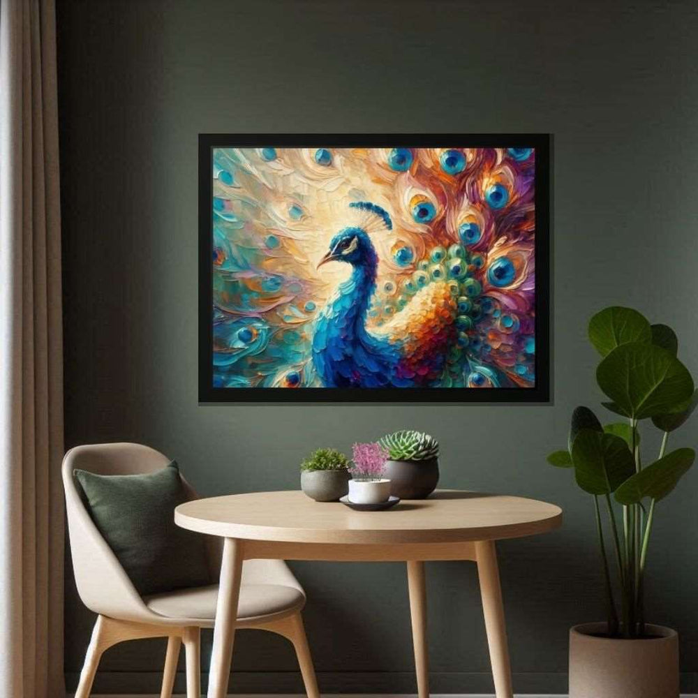 Premium Canvas Selection Wall Art depicting Majesty Peacock which is hanging on the wall