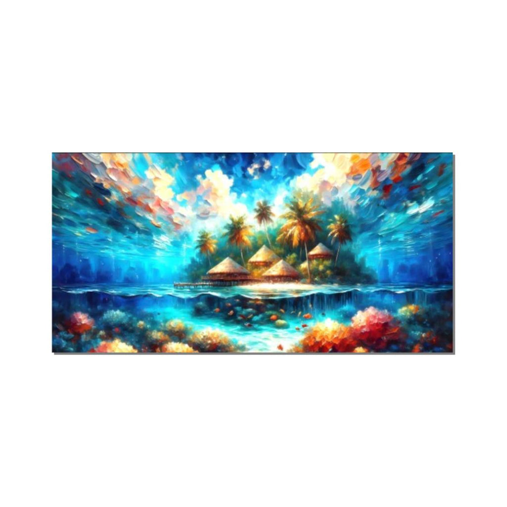 Wood Panel Art Wall Art depicting Paradise Island which is hanging on the wall