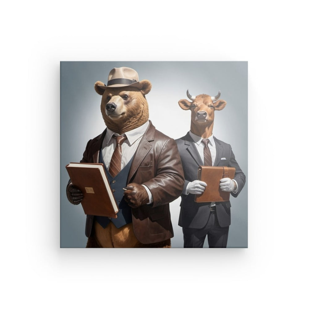 Canvas Wall Art depicting Bull and Bear which is hanging on the wall