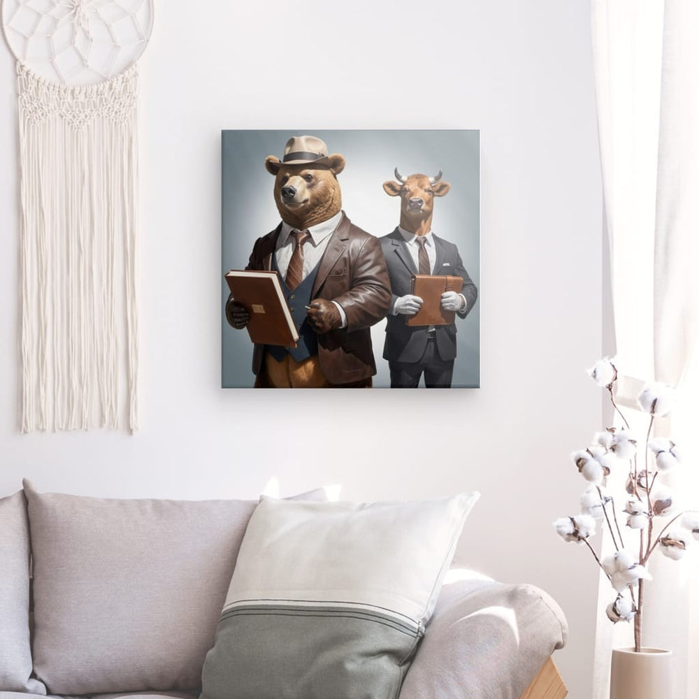 Canvas Wall Art depicting Bull and Bear 80x80 cm which is hanging on the wall