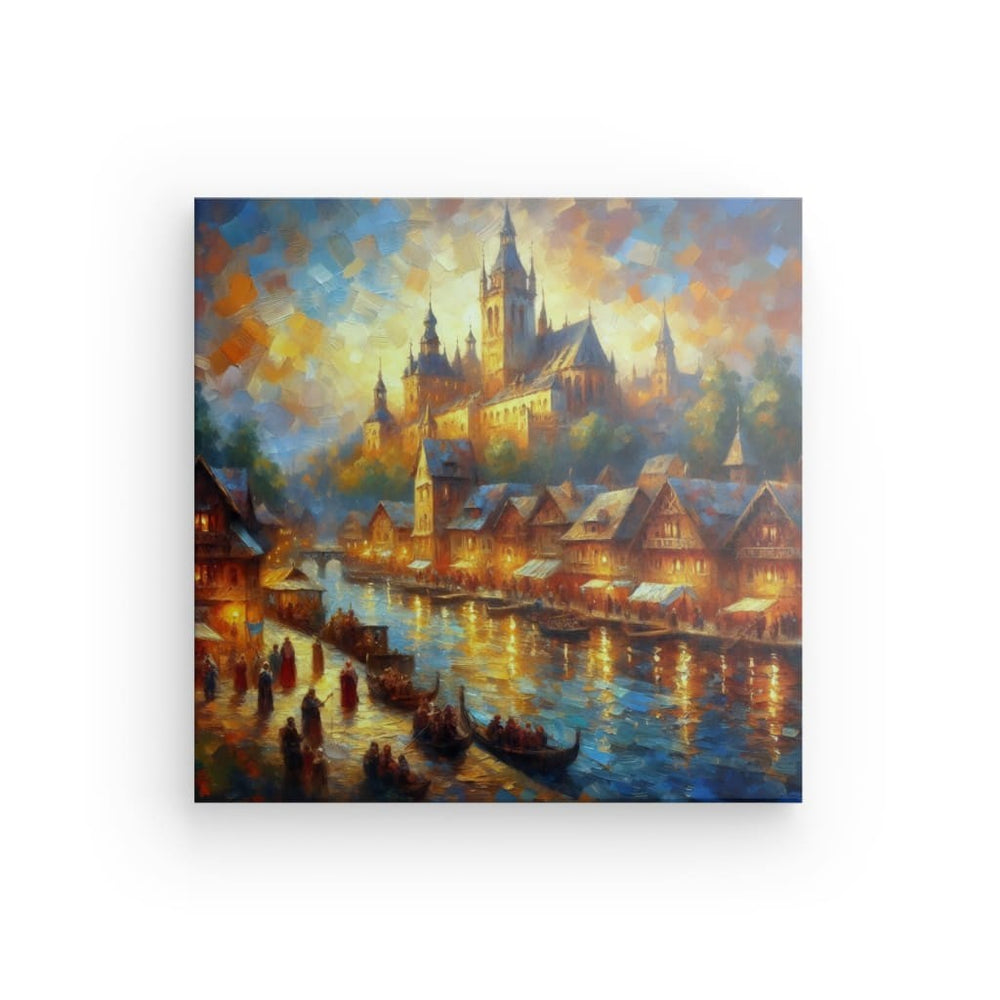 Canvas Wall Art depicting Medieval Village at Dusk which is hanging on the wall