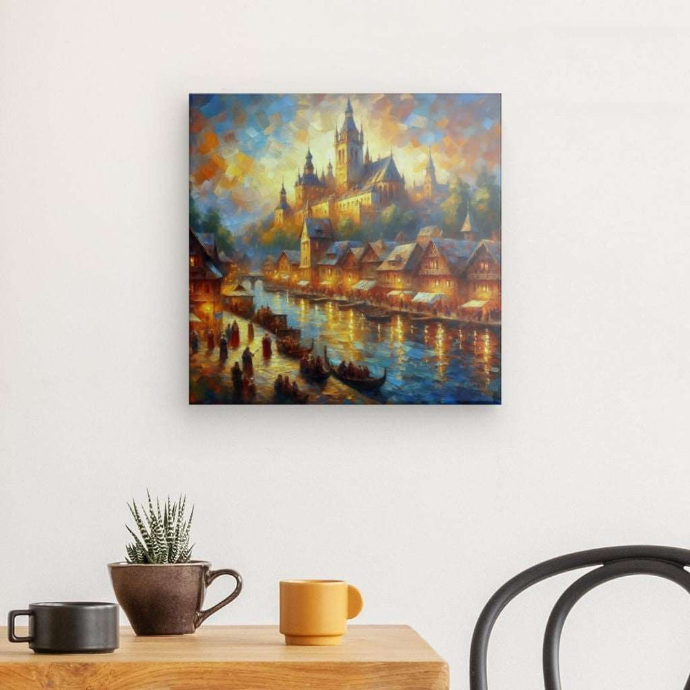 Canvas Wall Art depicting Medieval Village at Dusk 40x40 cm which is hanging on the wall