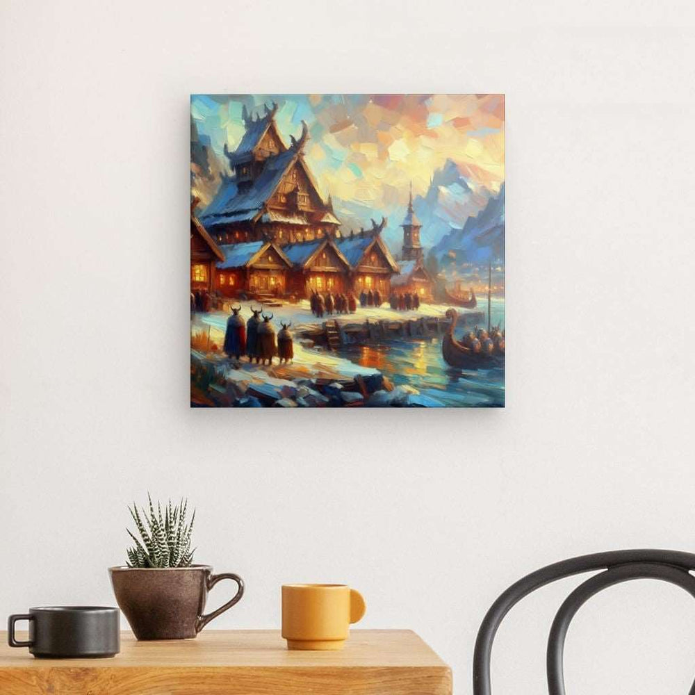 Canvas Wall Art depicting Viking Village 40x40 cm which is hanging on the wall