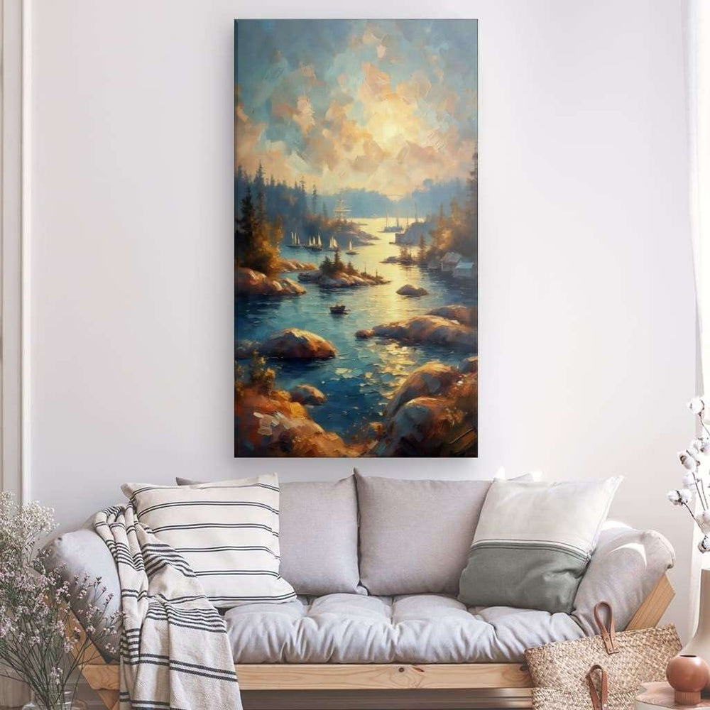 XL Canvas Wall Art depicting Forest River View 160x90 cm which is hanging on the wall