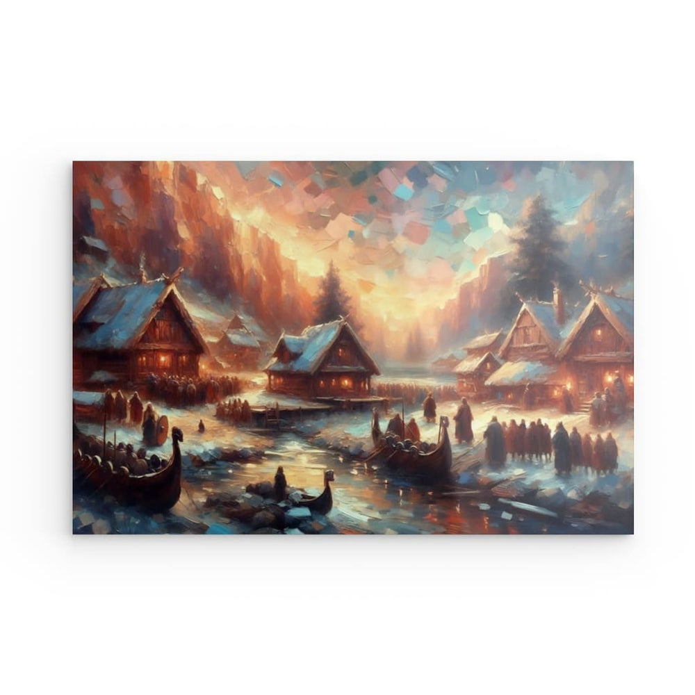 Acrylic Glass Wall Art depicting Viking Village in Snow which is hanging on the wall