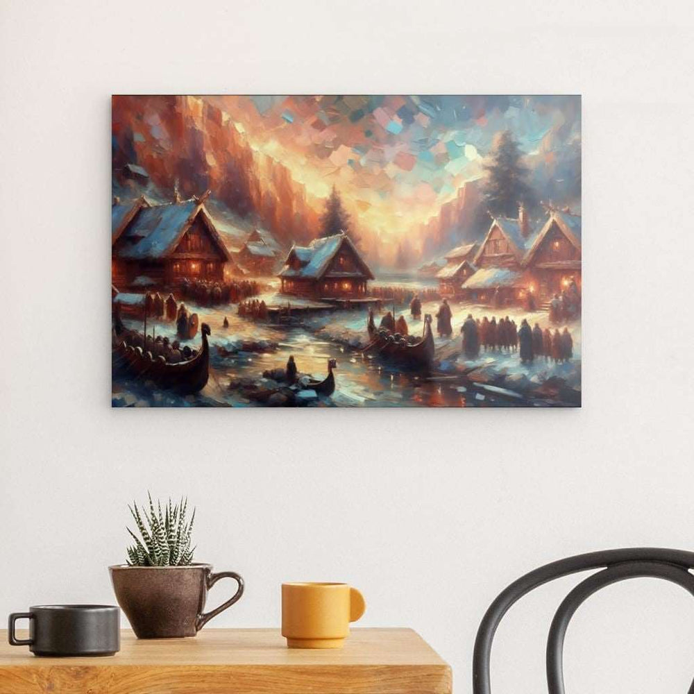 Acrylic Glass Wall Art depicting Viking Village in Snow 60 x 40 cm which is hanging on the wall