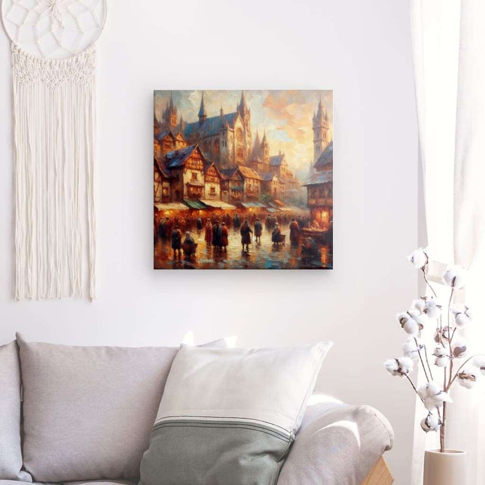 Canvas Wall Art depicting Medieval Market 80x80 cm which is hanging on the wall