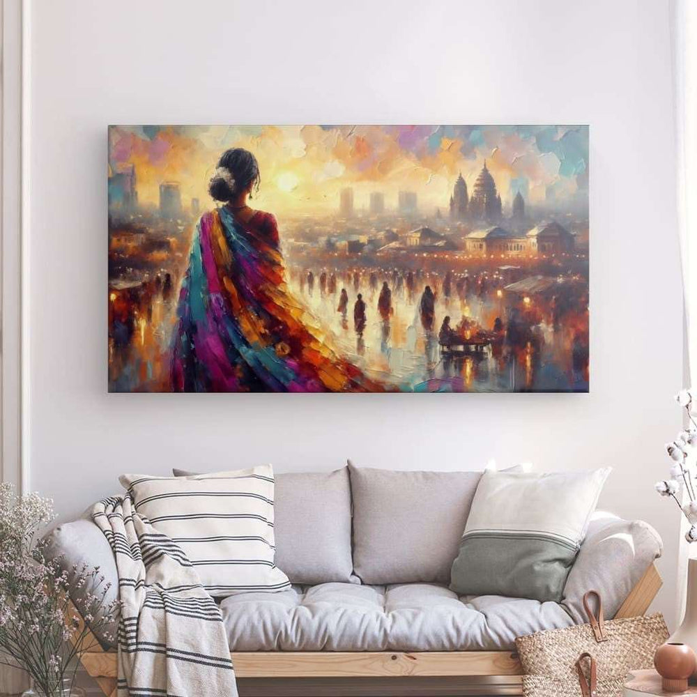 XL Canvas Wall Art depicting Vibrant India 180x100 cm which is hanging on the wall