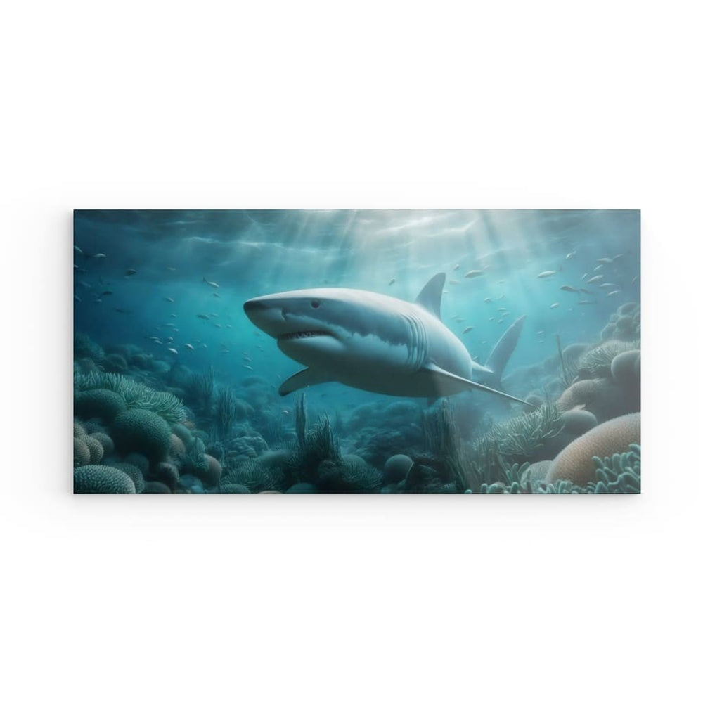 Acrylic Glass Wall Art depicting Shark Under Surface which is hanging on the wall