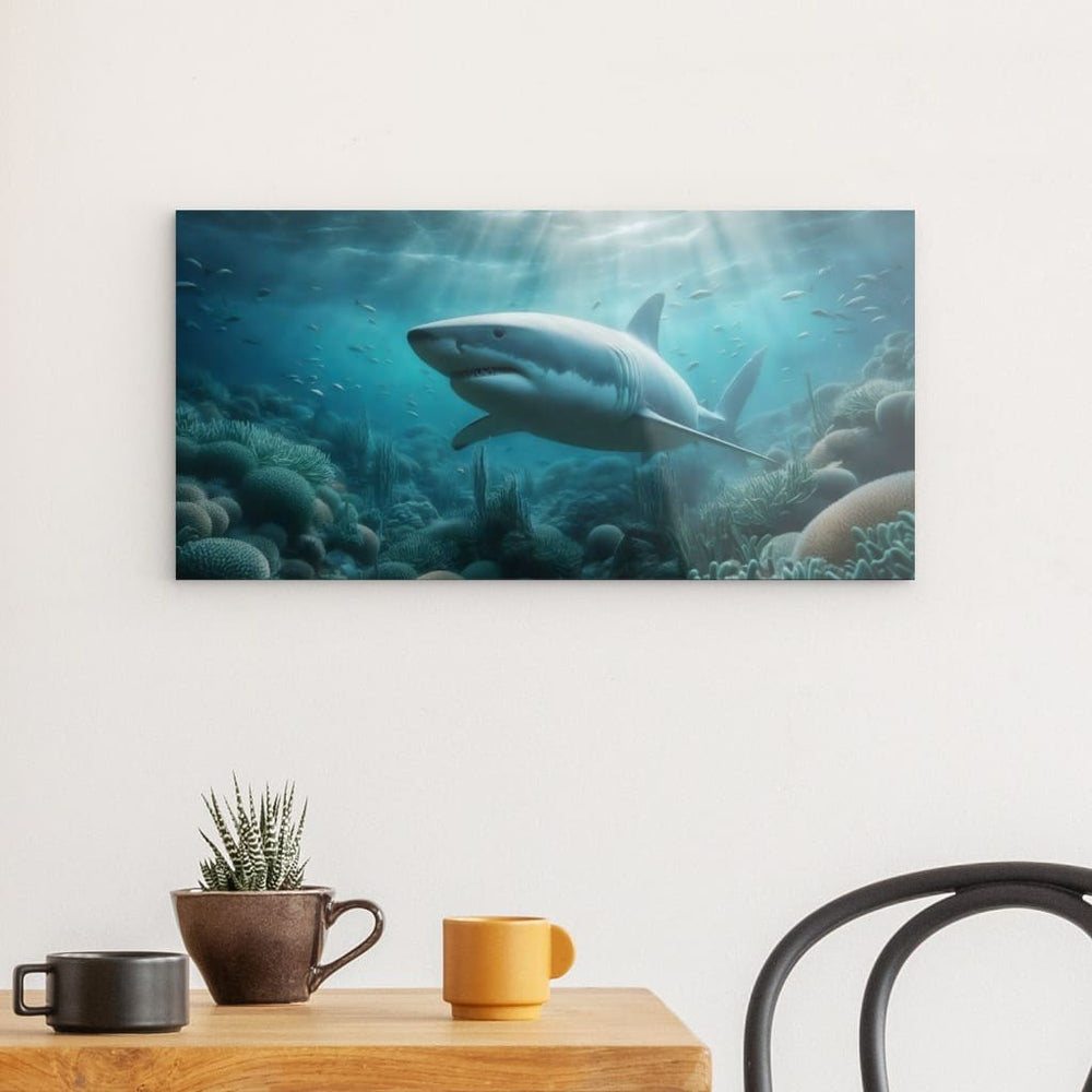 Acrylic Glass Wall Art depicting Shark Under Surface 60 x 30 cm which is hanging on the wall