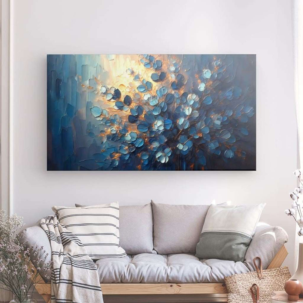 Canvas Wall Art depicting Eucalyptus Glow No.2 180x100 cm which is hanging on the wall