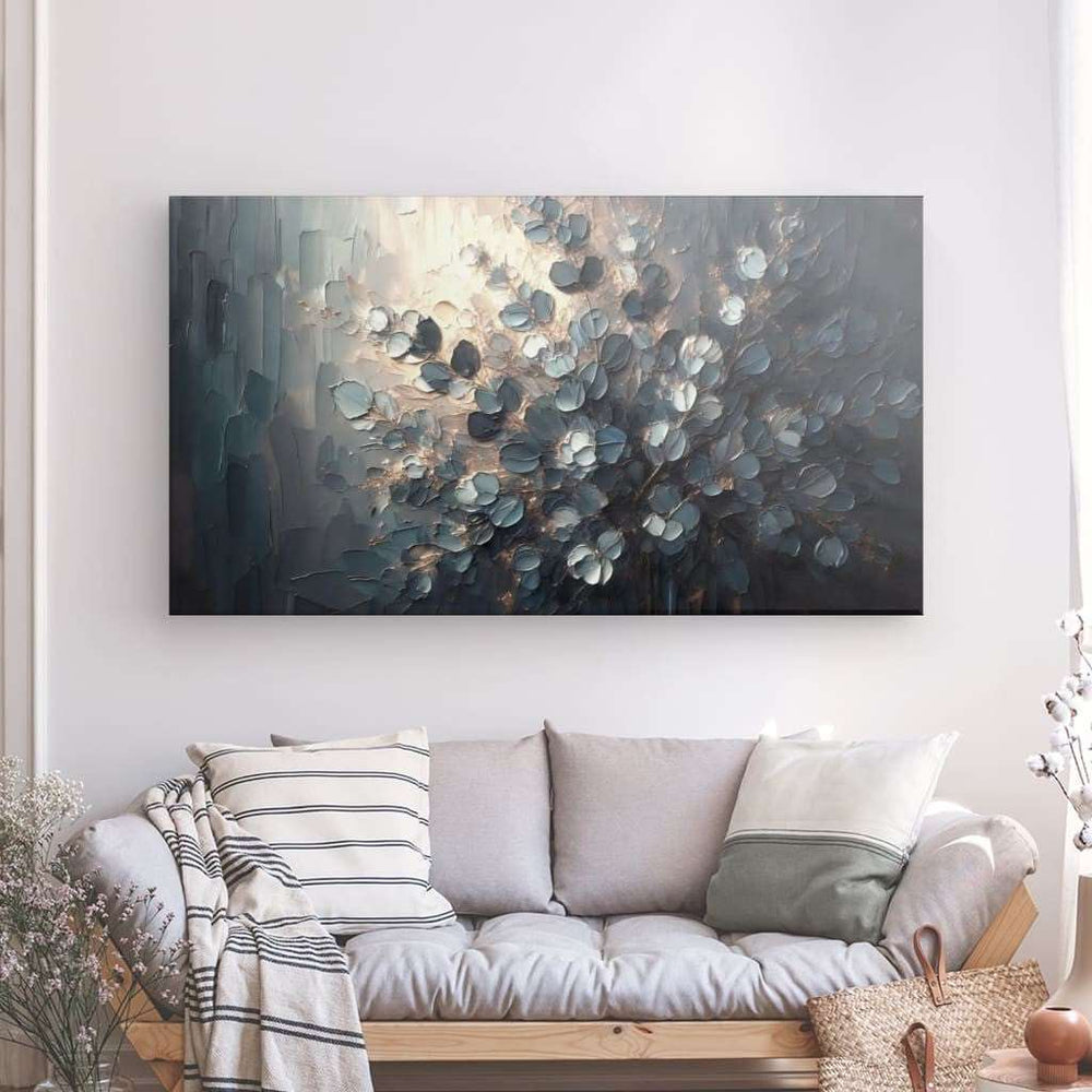 Canvas Wall Art depicting Eucalyptus Glow No.1 180x100 cm which is hanging on the wall