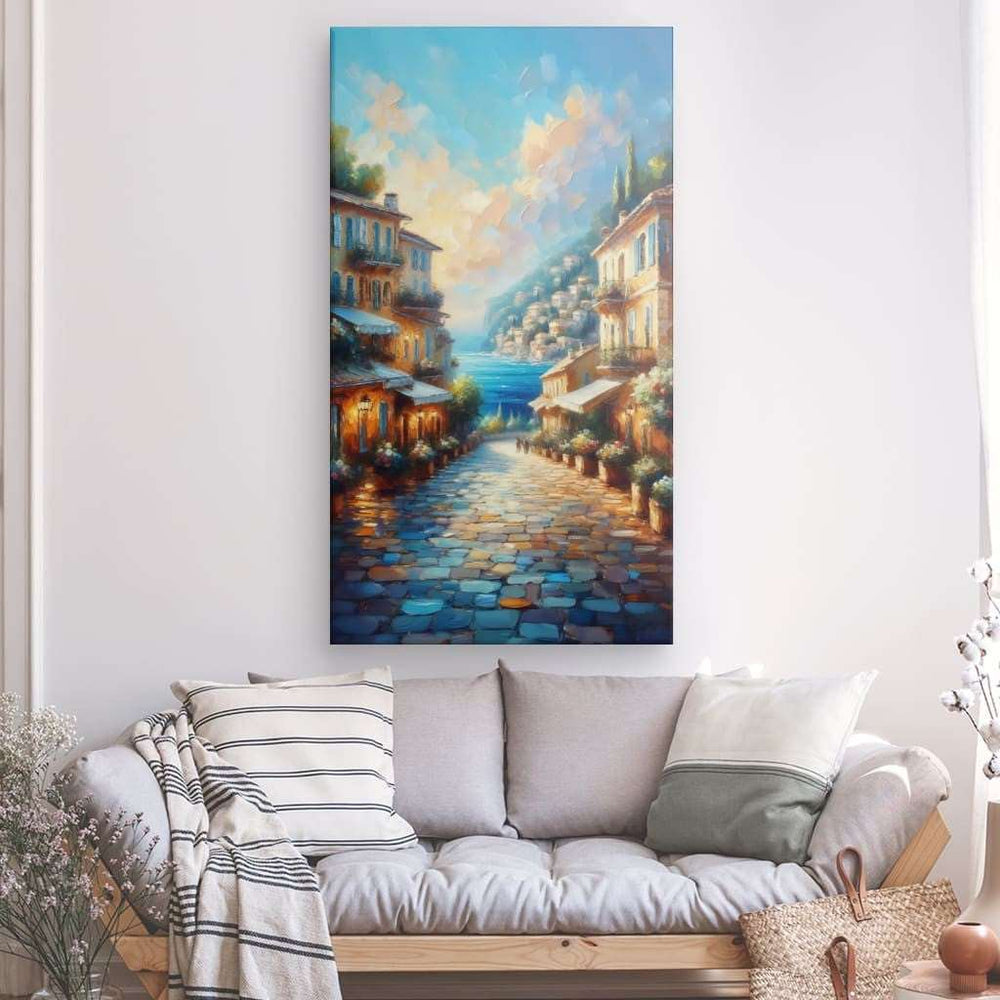 XL Canvas Wall Art depicting Waterfront Promenade 160x90 cm which is hanging on the wall