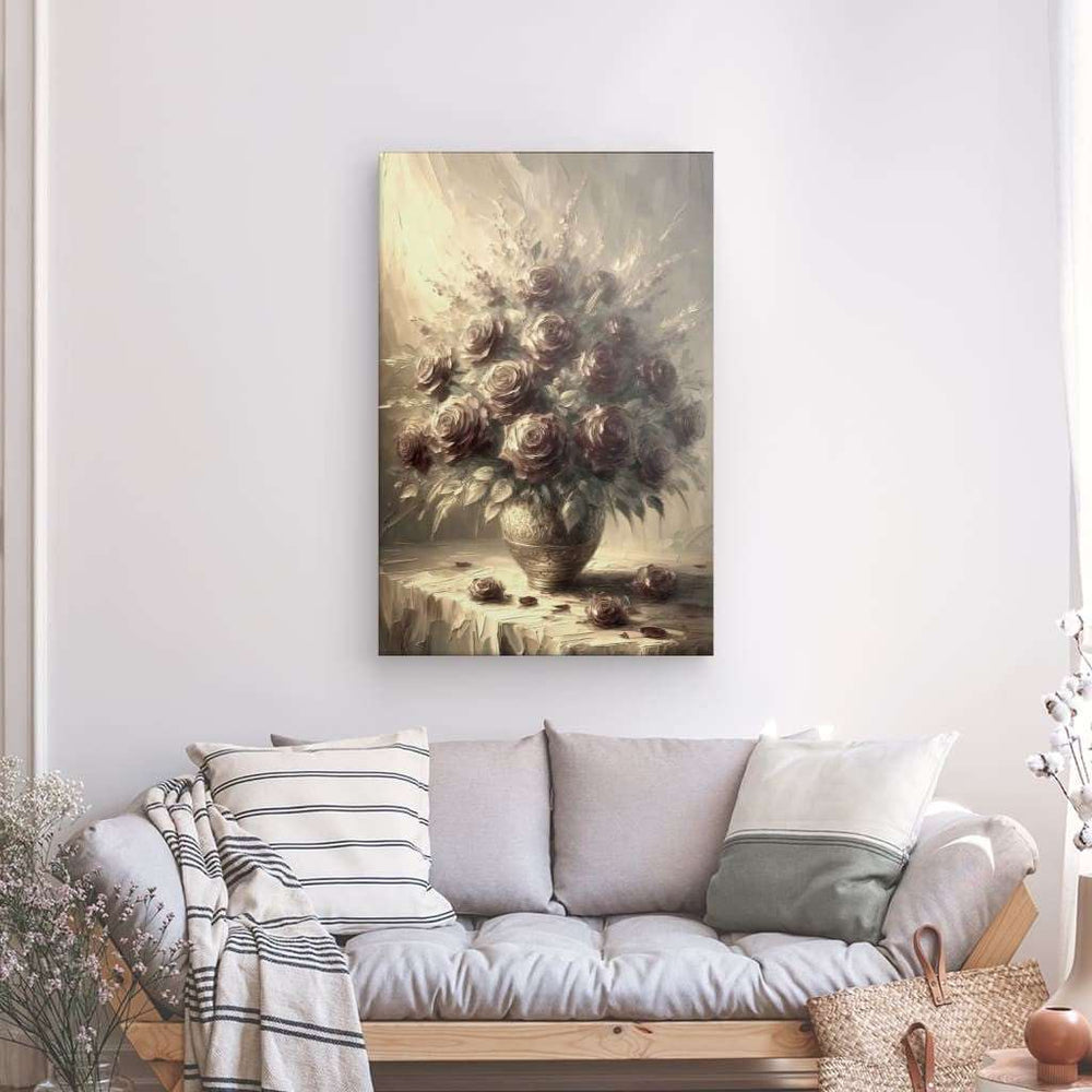 Canvas Wall Art depicting Vintage Roses 120x80 cm which is hanging on the wall