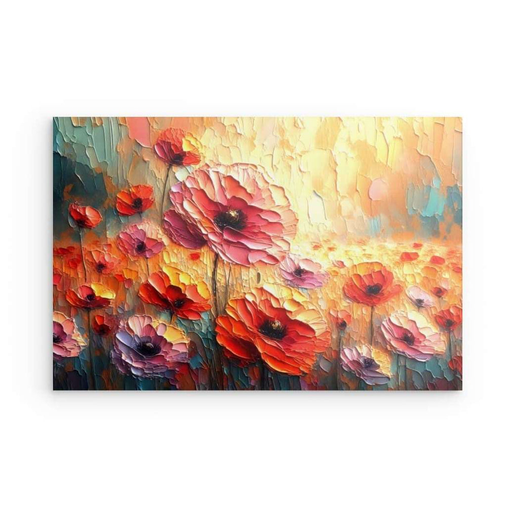 Metal Panel Art Wall Art depicting Popping Poppies which is hanging on the wall