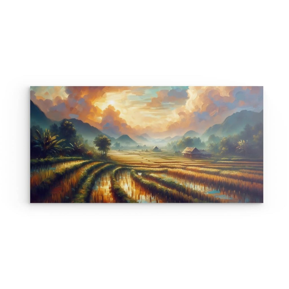 Metal Panel Art Wall Art depicting Rice Field Sunset which is hanging on the wall