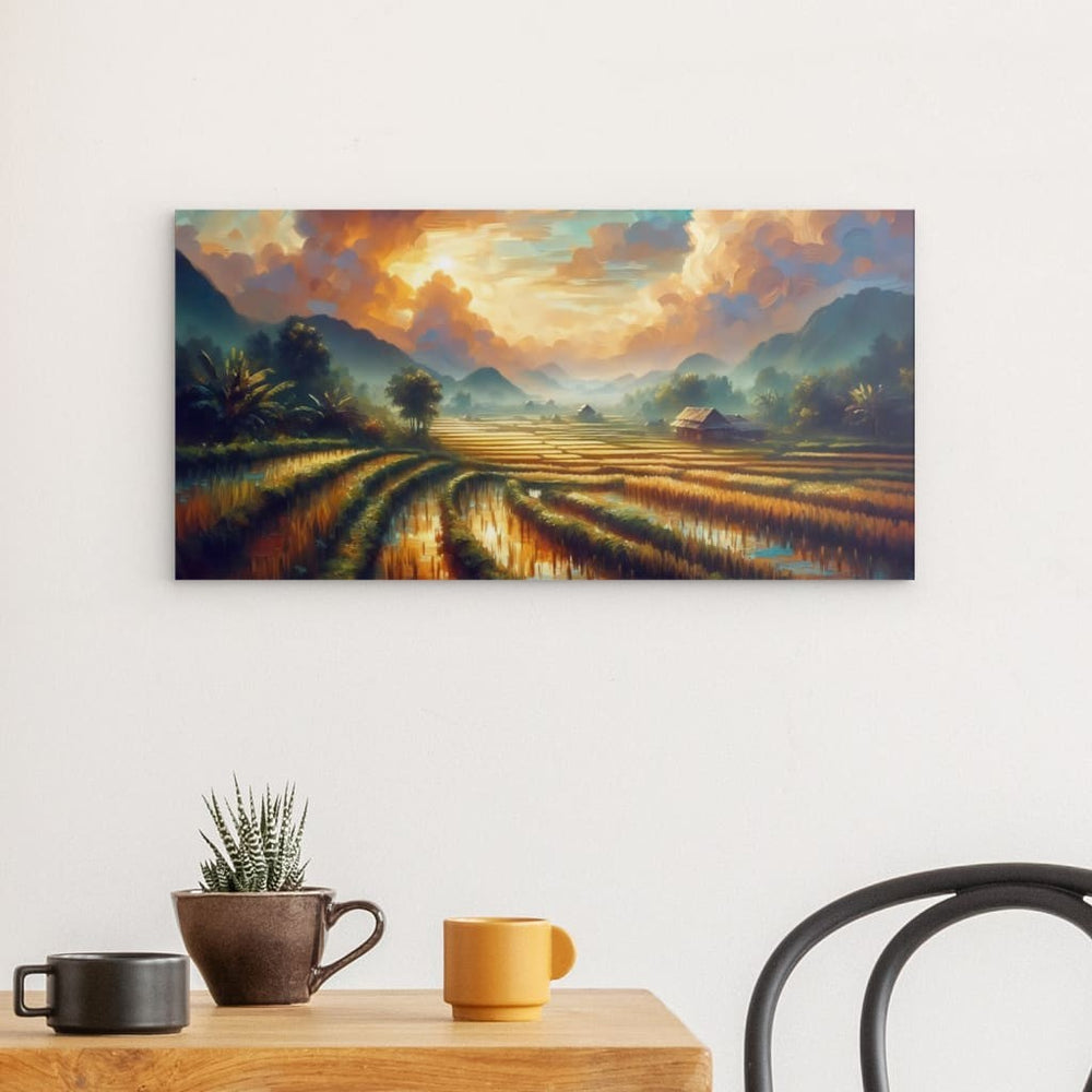 Metal Panel Art Wall Art depicting Rice Field Sunset 60 x 30 cm which is hanging on the wall