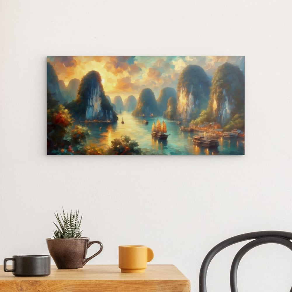 Metal Panel Art Wall Art depicting Halong Bay 60 x 30 cm which is hanging on the wall