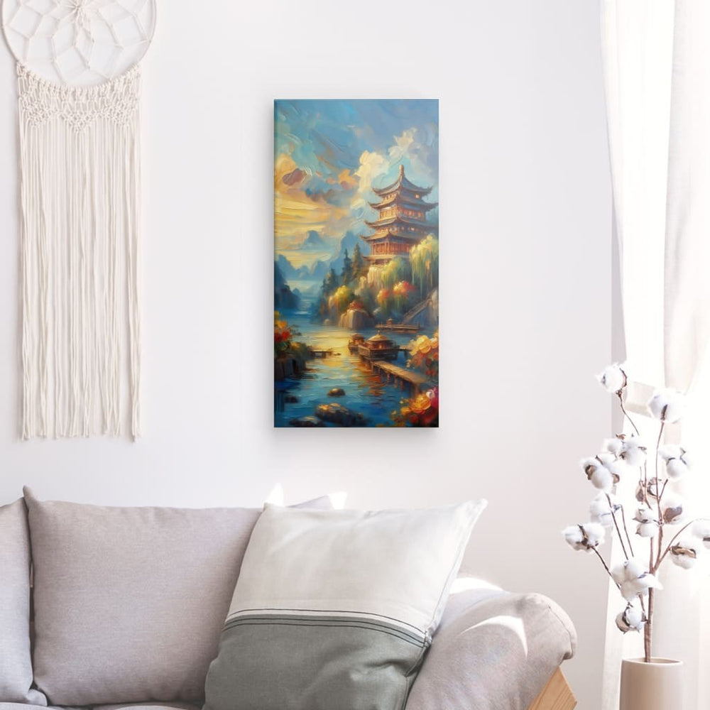 Canvas Wall Art depicting Temple Pavilion 100x50 cm which is hanging on the wall