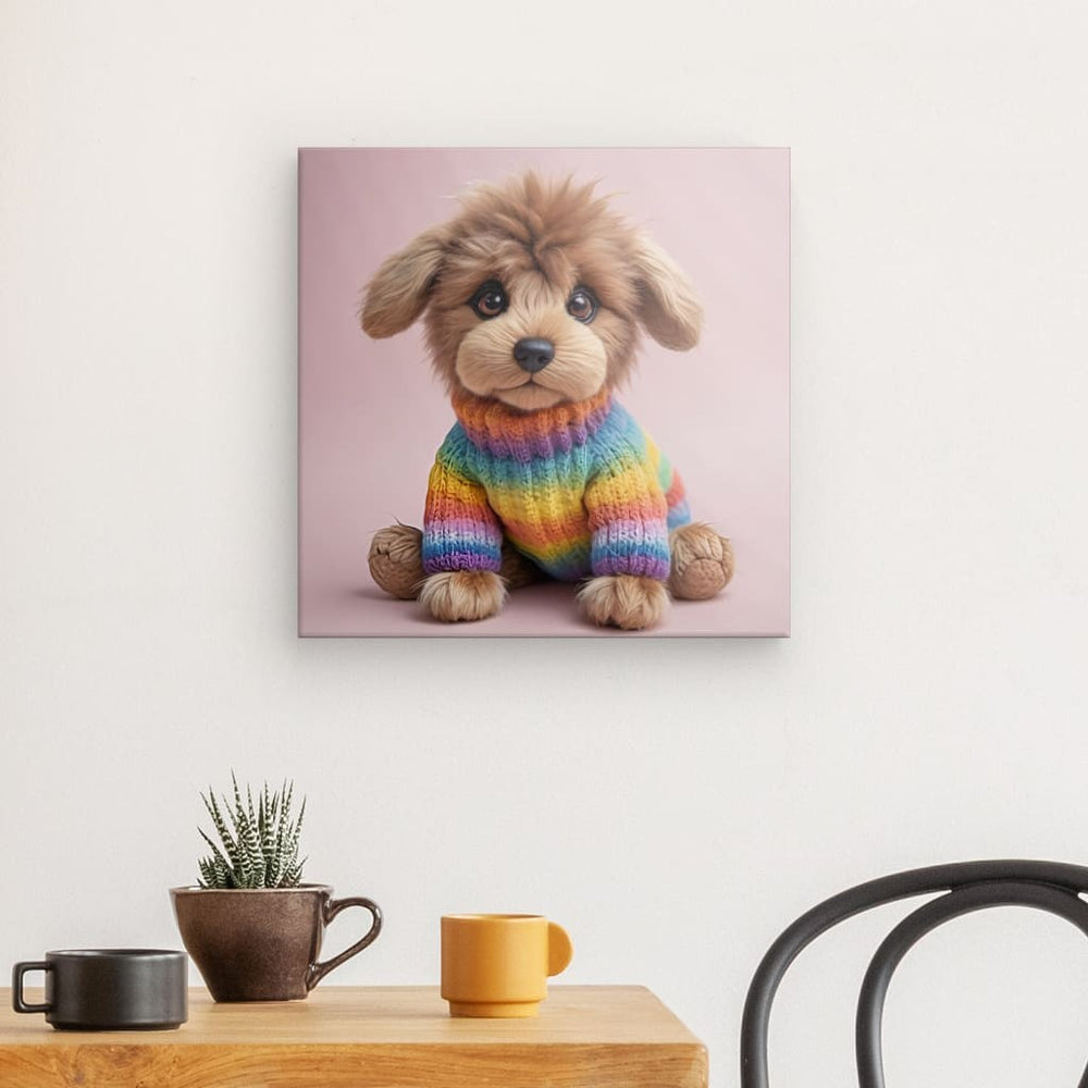 Canvas Wall Art depicting Puppy Cuddles 40x40 cm which is hanging on the wall