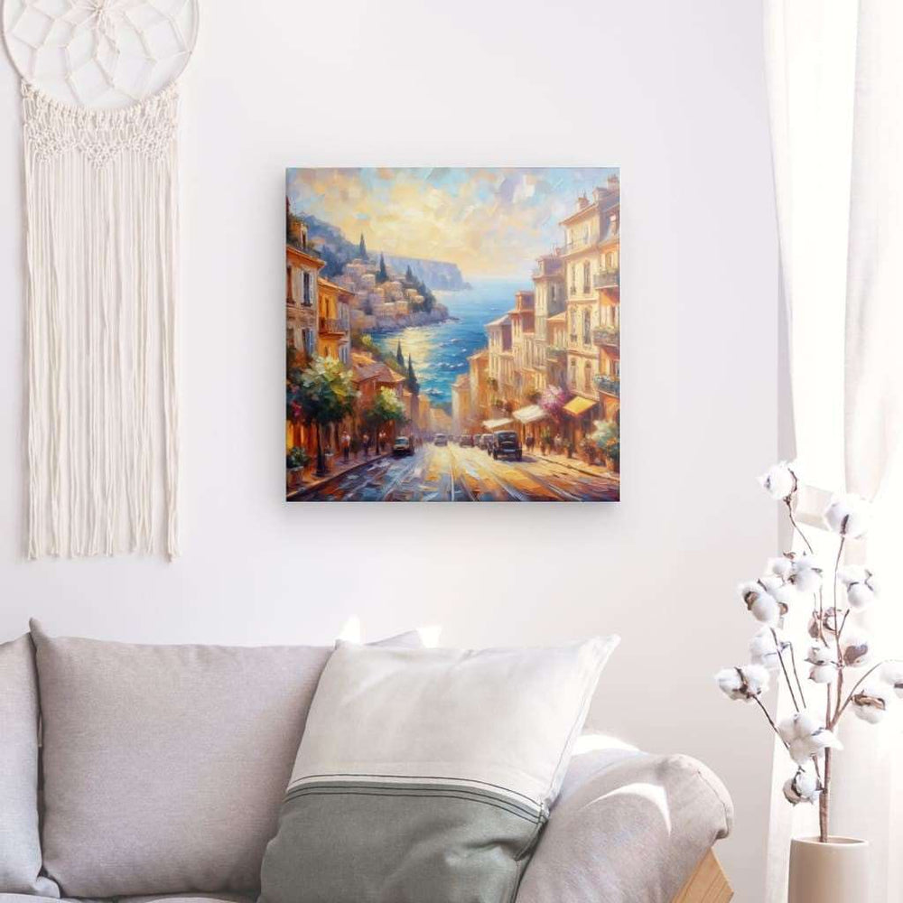 Canvas Wall Art depicting That Mediterranean Vibe 80x80 cm which is hanging on the wall