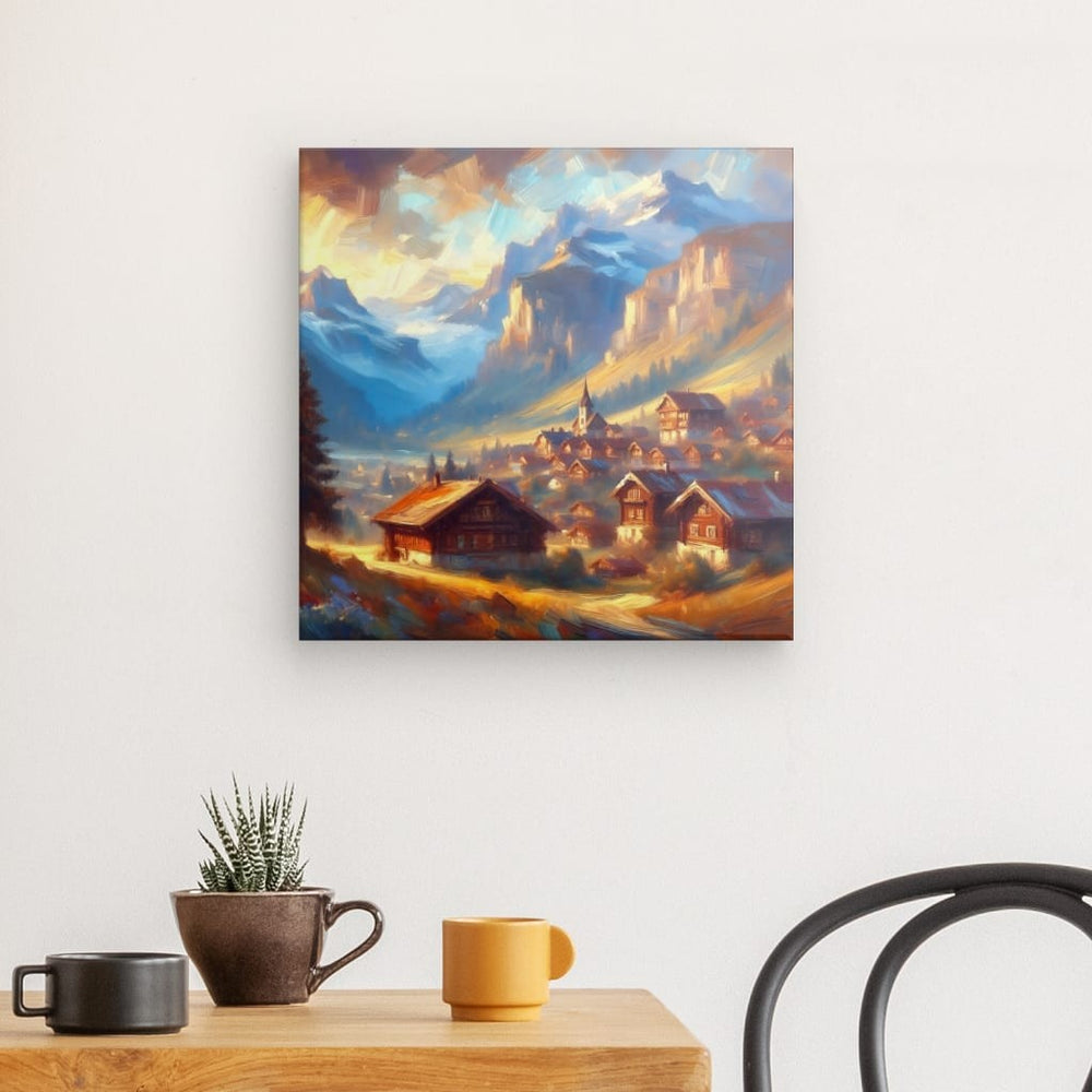 Canvas Wall Art depicting Mountain Settlement 40x40 cm which is hanging on the wall