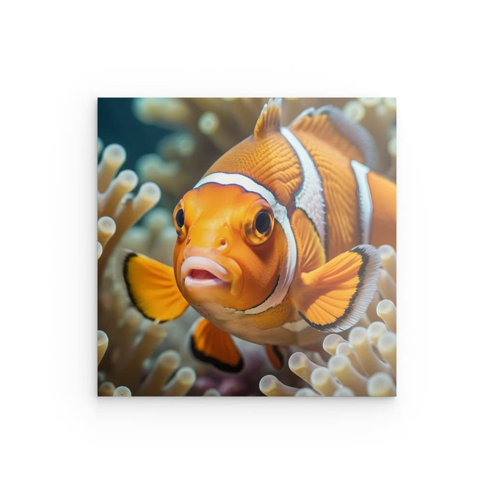 Acrylic Glass Wall Art depicting Clownfish which is hanging on the wall