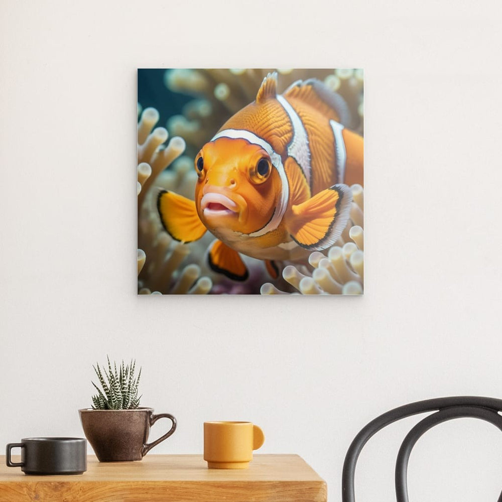 Acrylic Glass Wall Art depicting Clownfish 40 x 40 cm which is hanging on the wall