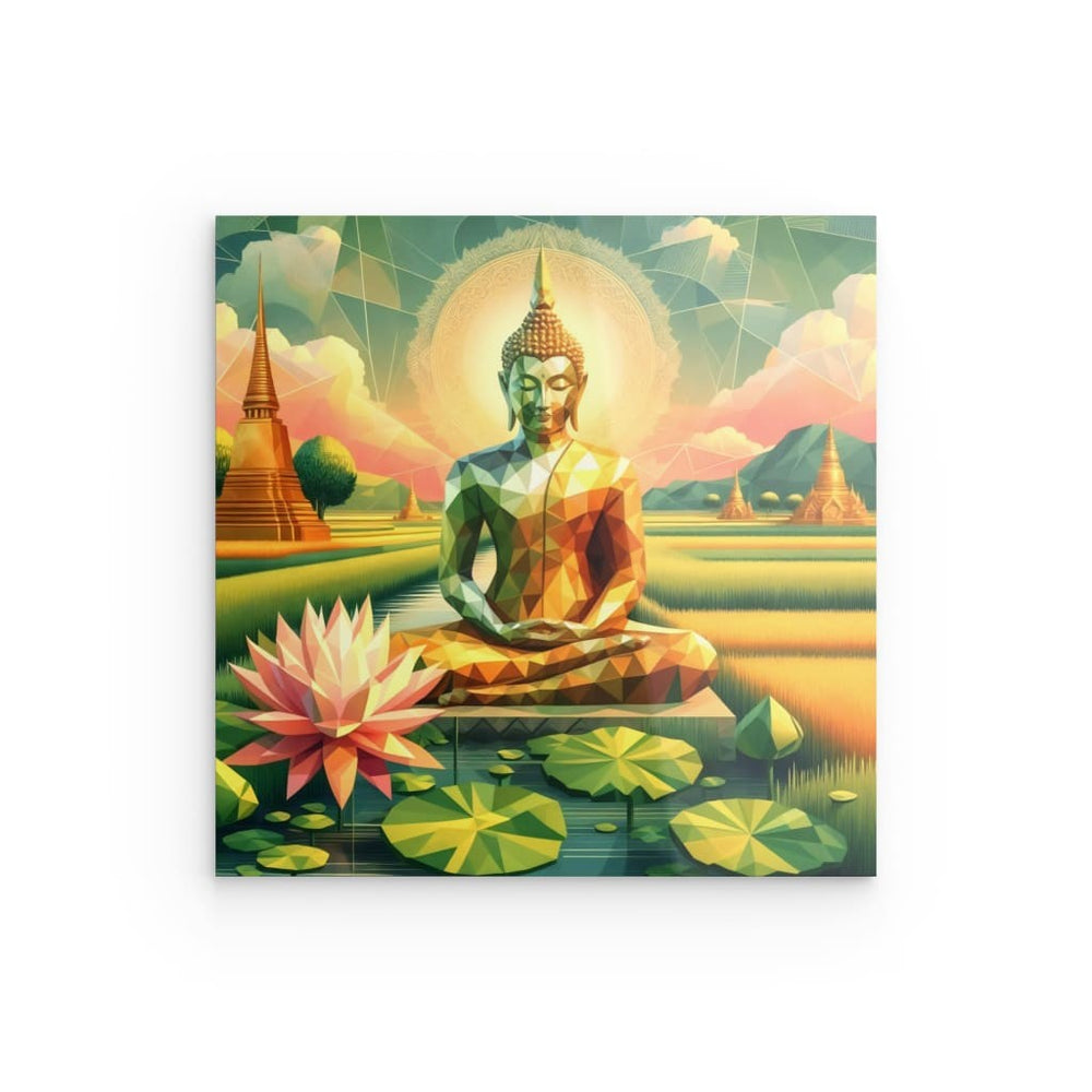 Acrylic Glass Wall Art depicting Golden Buddha which is hanging on the wall