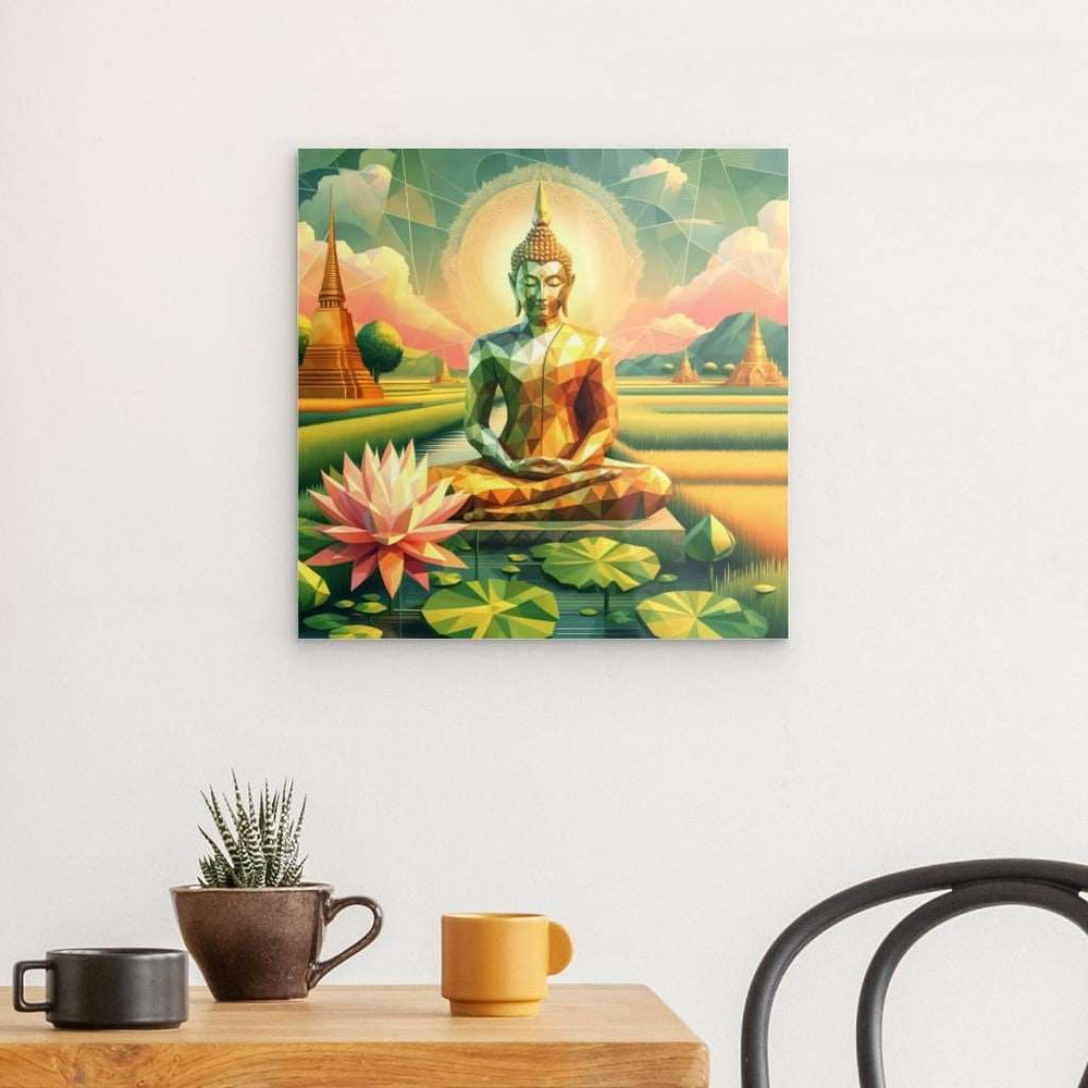 Acrylic Glass Wall Art depicting Golden Buddha 40 x 40 cm which is hanging on the wall