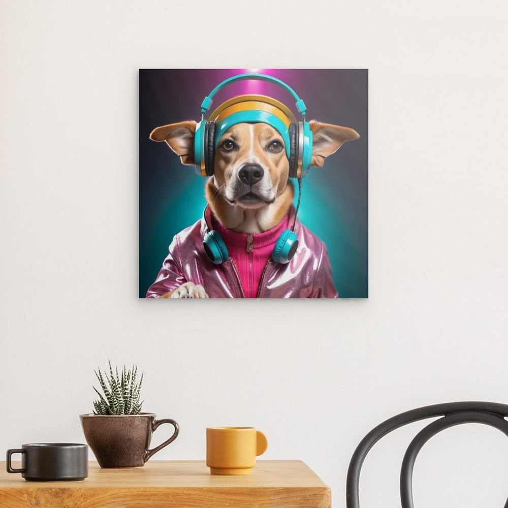 Metal Panel Art Wall Art depicting 80's Dog 40 x 40 cm which is hanging on the wall