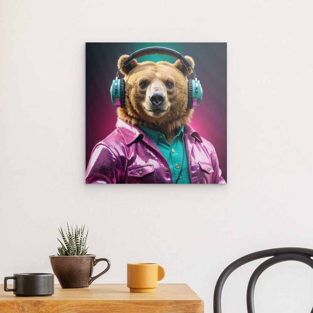 Metal Panel Art Wall Art depicting 80's Bear 40 x 40 cm which is hanging on the wall