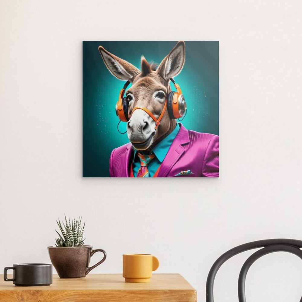 Metal Panel Art Wall Art depicting 80's Donkey 40 x 40 cm which is hanging on the wall