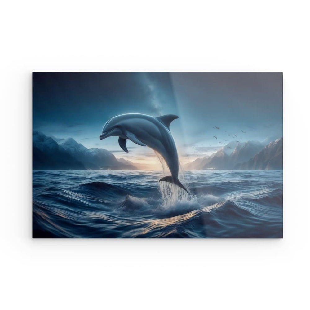 Acrylic Glass Wall Art depicting Jumping Dolphin which is hanging on the wall