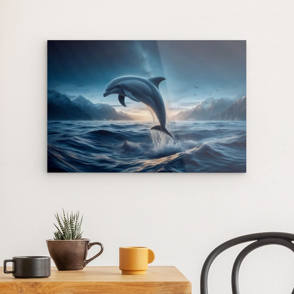 Acrylic Glass Wall Art depicting Jumping Dolphin 60 x 40 cm which is hanging on the wall