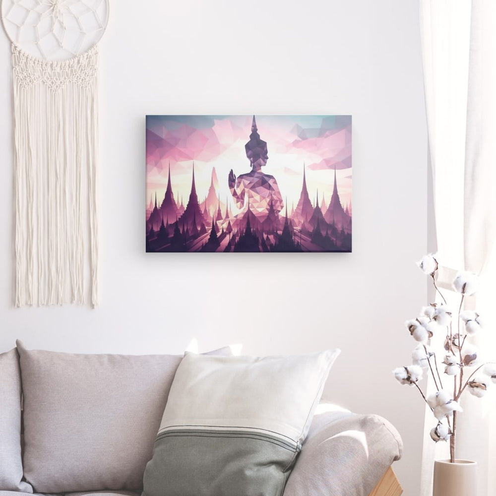 Canvas Wall Art depicting Sunset Buddha 90x60 cm which is hanging on the wall