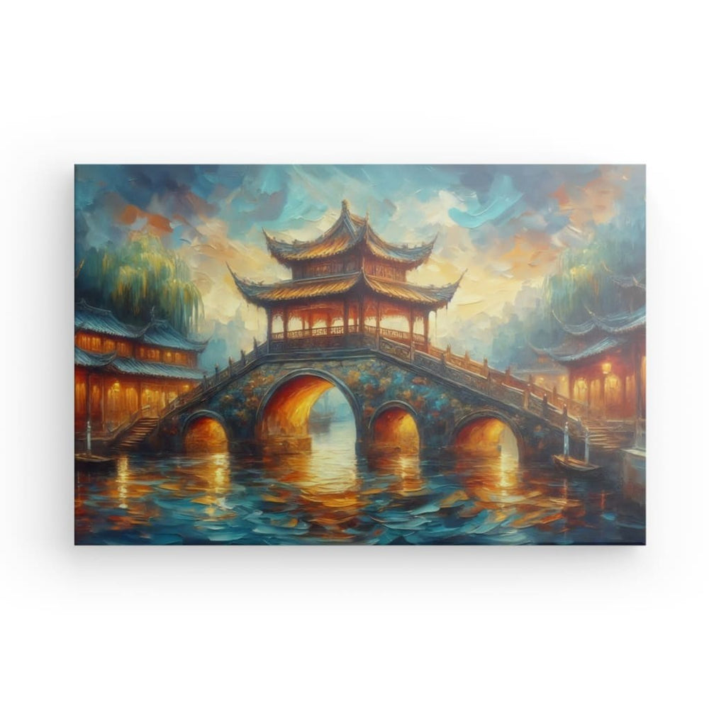 Canvas Wall Art depicting Ancient Chinese Bridge which is hanging on the wall