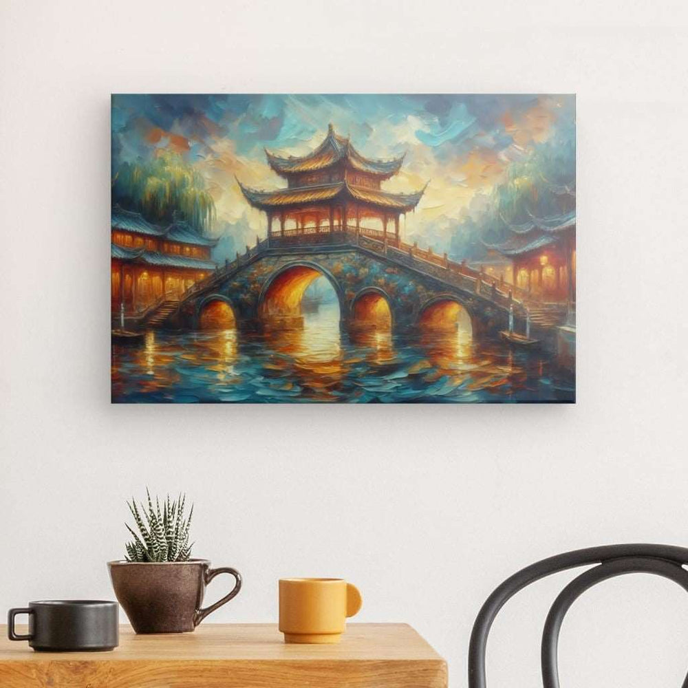 Canvas Wall Art depicting Ancient Chinese Bridge 60x40 cm which is hanging on the wall