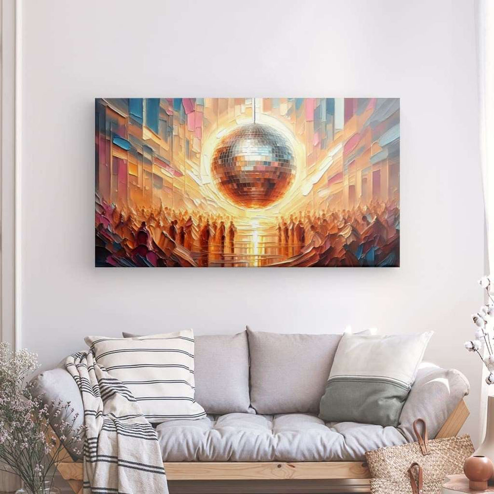 XL Canvas Wall Art depicting Disco Ball 160x90 cm which is hanging on the wall