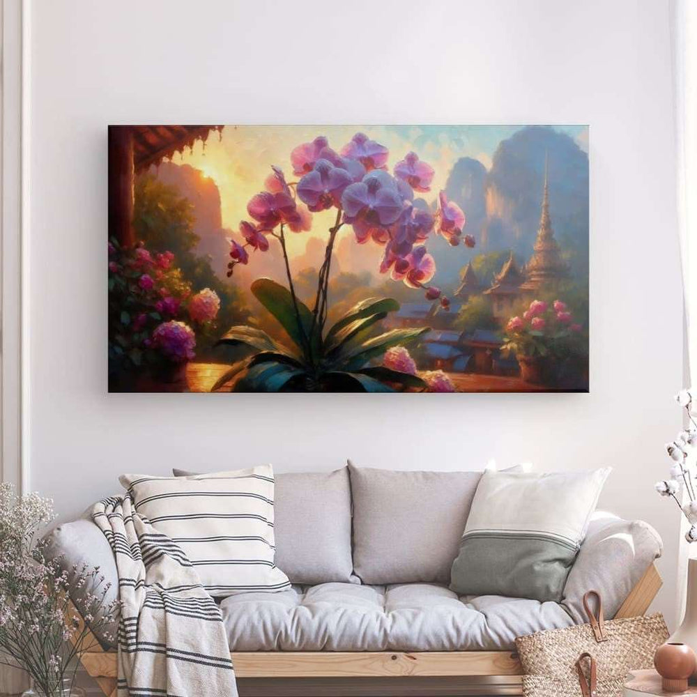 XL Canvas Wall Art depicting Vivid Orchid 180x100 cm which is hanging on the wall