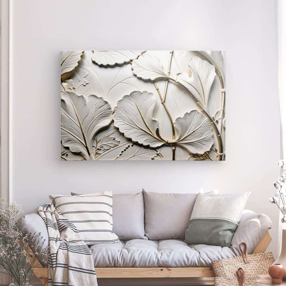 XL Canvas Wall Art depicting Clay Leaves 150x100 cm which is hanging on the wall